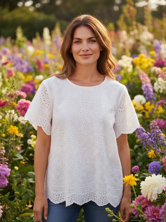 Alfred Dunner Tops - Alfred Dunner Cottagecore White Cotton-Blend Eyelet Lace Short Sleeve Blouse M